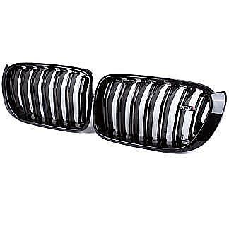 Gloss Black Dual Line Front Kidney Grill Grille For BMW F25 F26 X3 X4 2014-2017